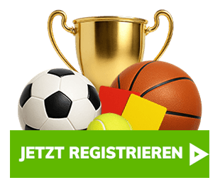 Trophäe und Sportbälle vor grünem Button